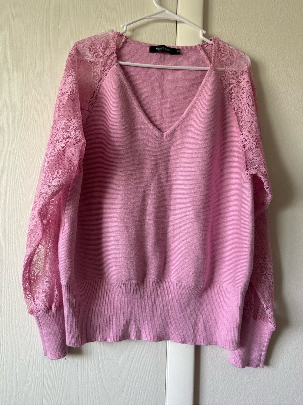 Merokeety pink sweater long sleeves with lace - Plus size